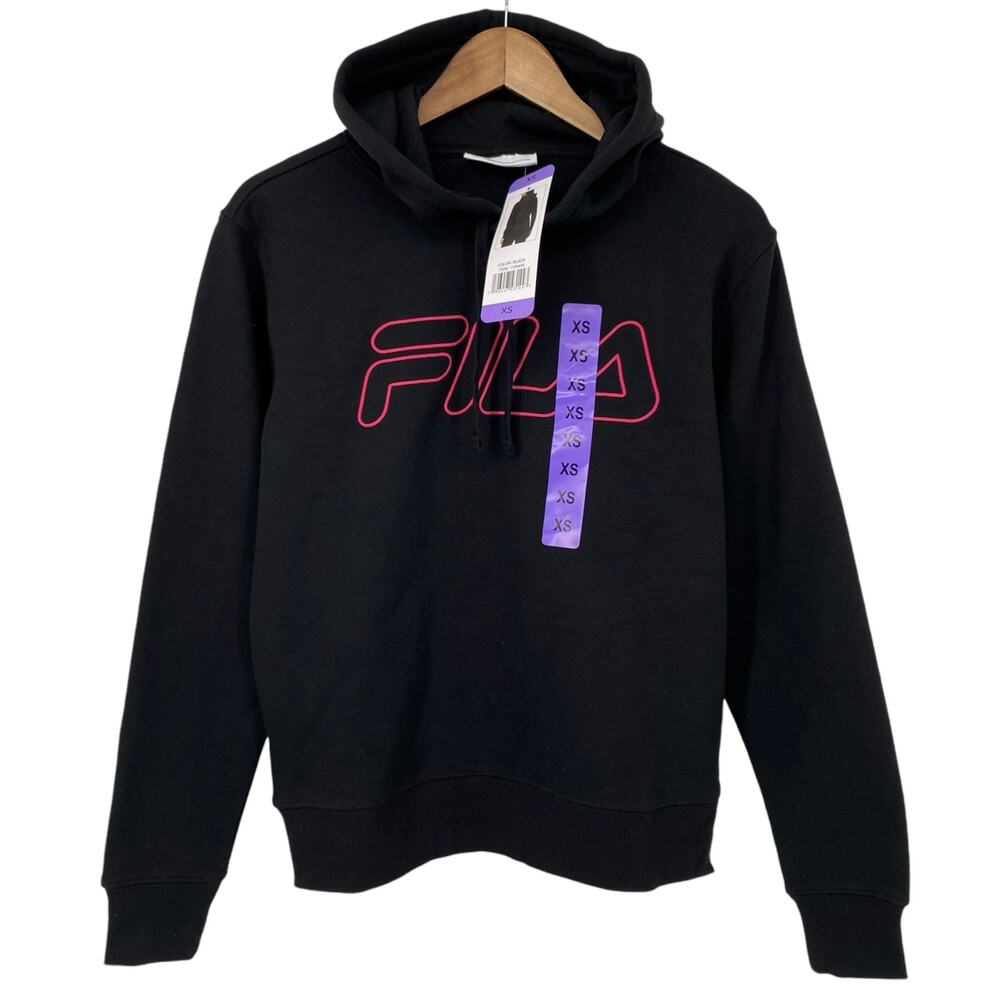 FILA NWT Black Hoodie Sweater Fila Logo Size XS Loungewear Cozy Warm Pullover
